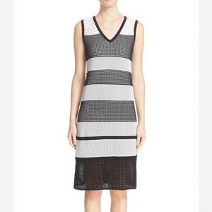 ST. JOHN Black White Pointelle Mesh Knit Stripe